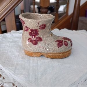Vintage Miniature Porcelain Crackle Shoe, Hand Painted, Made In Occupied Japan
